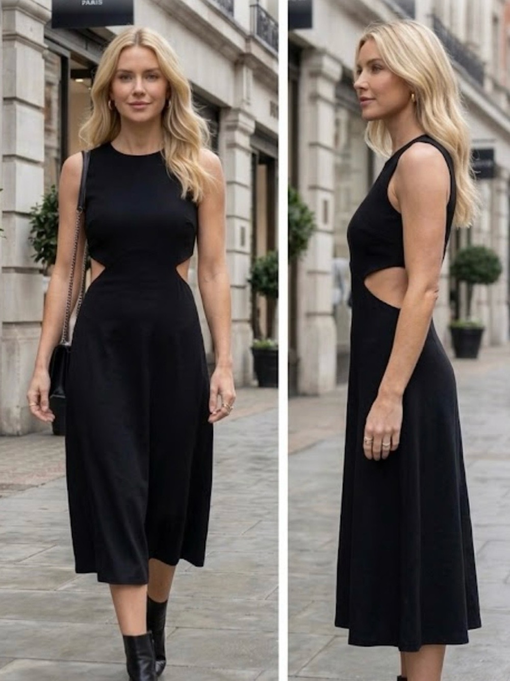 Sleeveless Black Midi Dress with Cutout Sides